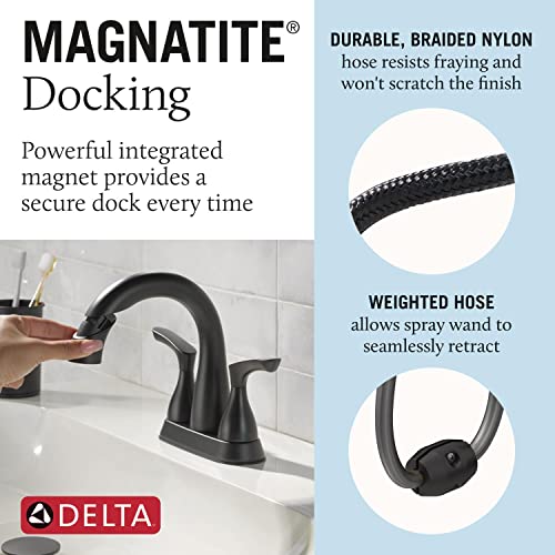 Delta Broadmoor Centerset Matte Black Bathroom Faucet with Sprayer, 4 Inch 3 Hole Bathroom Sink Faucet with Pull Out Sprayer, Push-Pop Drain, Matte Black 25765LF-BLPD - color: Matte Black