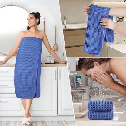 POLYTE 430 GSM Poly Blend Microfiber Quick Dry Waffle Bath Towel Set of 6 | 2-Body Towels, 2-Hand Towels, 2-Wash cloths, Oversize, Lint Free - color: Royal Blue