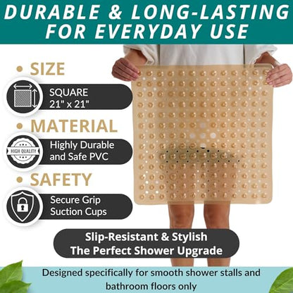 ENKOSI Square Shower Mat – 21 x 21 Inch Non-Slip Bathroom Shower Stall Mat with Suction Cups and Drain Holes – Anti-Slip Bathtub Shower Mats for Inside Shower (21x21 Clear Brown) - color: Clear Brown