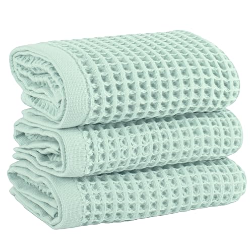 PÜSKÜL Natural 100% Turkish Cotton Waffle Kitchen Towels Set of 3 | Oeko-Tex, Premium Waffle Hand Towels for Bathroom | Soft Absorbent Quick-Dry Lint-Free Dish Towel Large 32x16 inch (3, Ice Green) - color: Ice Green