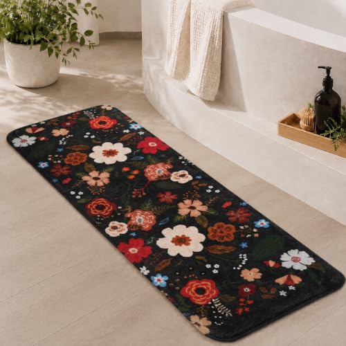 Floral Bathroom Rugs Large Long Bath Mat, Black Bathroom Runner Rug Non Slip Washable, Flower Rug Cute for Bathtub - color: Black, size: 1'5" x 3'11" (Runner)