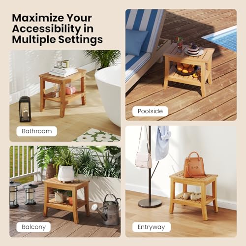 Giantex Teak Shower Bench with Shelf - Shower Stool for Elderly Seniors, Waterproof Teak Wood Non Slip Bathroom Spa Seat, Bathing Stool for Shaving Legs, Indoor & Outdoor Use, 20'' x 14'' x 18''