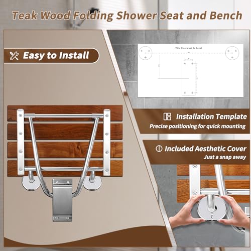 𝙐𝙥𝙜𝙧𝙖𝙙𝙚 15 Inch Folding Shower Seat Wall Mounted, Teak Wood Shower Seat with Stainless Steel Bracket & Finish Cap, 420lb Capacity, for Elderly, Disabled, Pregnant Women, Kids