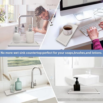 2 PCS Water Absorbing Stone Trays for Bathroom Sink Fast Drying Coasters | 9.5" x 4.7", Vanity Tray, Diatomaceous Earth Mat, Hand Soap Holder with Anti-Skid Feet, Kitchen Counter, Sink Caddy Organizer - color: 9.5" X 4.7" White