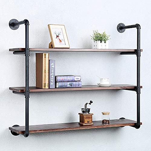 Industrial Pipe Shelves With Wood Planks,Rustic Pipe Shelving Wall Shelf | Metal Pipe Solid Pine Wood,Easy to Assemble,Wooden Board Thickness 0.78 In,For Bar Farmhouse Kitchen Office Bathroom,Bedroom - color: 3-layer, size: 42in
