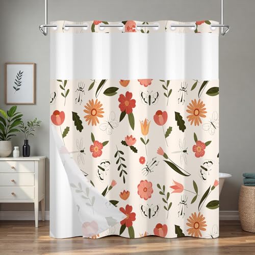 No Hook Shower Curtain with Liner, Floral Shower Curtain with Sheer Top Window and Weighted Hem, Summer Farmhouse Double Layers Waterproof Fabric Shower Curtains for Bathroom and Hotel, 71" W x 74" L - color: Lively Garden