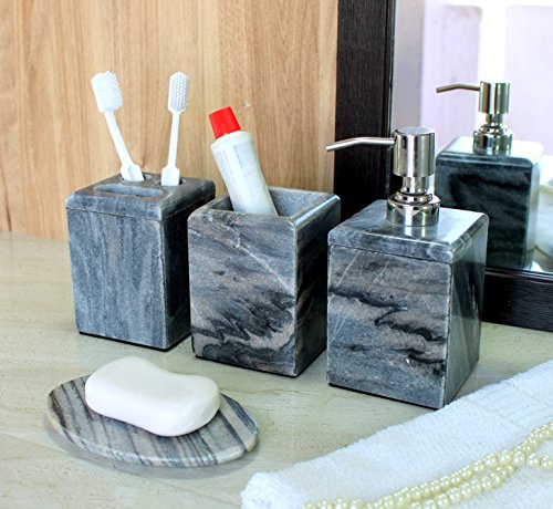 KLEO - Bathroom Accessory Set Made from Natural Stone - Bath Accessories Set of 4 Includes Soap Dispenser, Toothbrush Holder, Tumbler and Soap Dish (Grey)