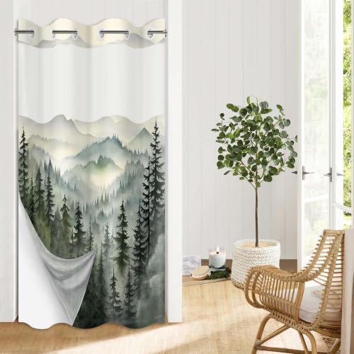 Green Forest Hookless Shower Curtain with Liner, 36x74 in, Narrow Stall | Stand Up Shower Small, No Hook, Snap in Liner, Mountain Rv Camper Bathroom Decor, Waterproof Polyester, See Through Top - color: Green, size: 36"W x 74"L (Pack of 1)