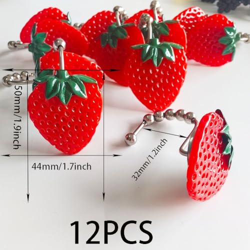 Strawberry Shower Curtain Hooks Rings Set of 12 for Shower Rod | Rustproof Metal S Shower Hook with Resin Strawberry Decorative Curtain Hooks, Cute Fashion Fruit Theme Kids Bathroom Decor