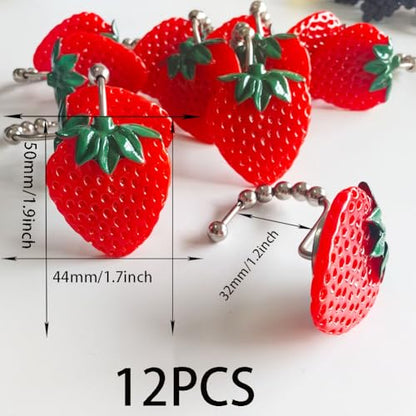 Strawberry Shower Curtain Hooks Rings Set of 12 for Shower Rod | Rustproof Metal S Shower Hook with Resin Strawberry Decorative Curtain Hooks, Cute Fashion Fruit Theme Kids Bathroom Decor