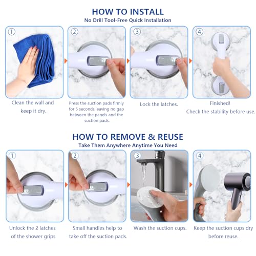 Grab Bars for Showers and Bathtubs 2 Pack, 12 Inch, Yenisyea | Suction Cup Shower Handles for Elderly and Seniors, Heavy Duty Shower Safety Bars for Bathroom Removable No Drill