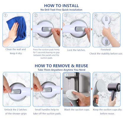 Grab Bars for Showers and Bathtubs 2 Pack, 12 Inch, Yenisyea | Suction Cup Shower Handles for Elderly and Seniors, Heavy Duty Shower Safety Bars for Bathroom Removable No Drill