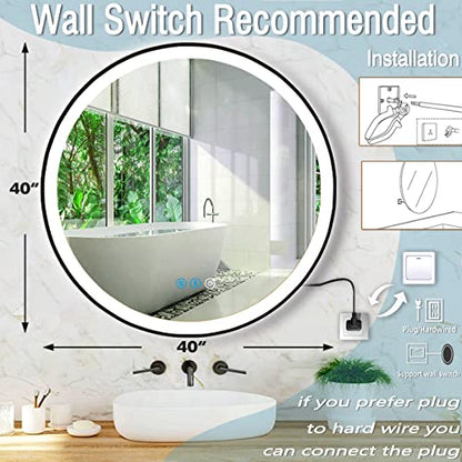 40 inch Round LED Bathroom Mirror, Black Frame, Wall Mount, Fogless, Adjustable, 3 Color Lights Smart Mirror with Anti-Fog - color: 40 Inch Black Frame