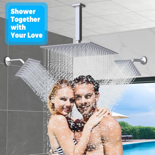 Thermostatic Digital Triple Heads Rain Shower System Can Run Together | 4-Function Full Body Shower Faucets Set with 12" + Two 6" Tilted Showerhead and Brass Handheld, Brushed Nickel - color: Brushed Nickel, style: 12” + 6" + 6"