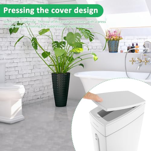 Bathroom Trash Can and Toilet Brush Set, Narrow Slim Can With Pop-up Lid, Modern White Mini Rectangular Bin for Limited Small Space