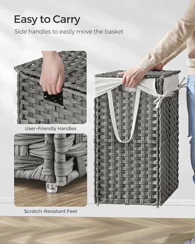 SONGMICS Laundry Hamper with Lid, 23.8 Gallon (90 L) Synthetic Rattan Clothes Laundry Basket with Lid and Handles, Foldable, Removable Liner, Dove Gray ULCB51WG - color: Dove Gray, size: 90 L