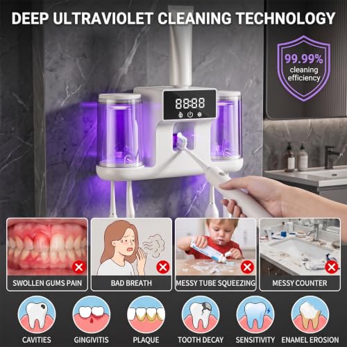 Smart Toothbrush Holder with Automatic Toothpaste Dispenser, Rechargeable Toothbrush Storage Rack with Toothbrush Holder and Mouthwash Cup, Digital Display, Designed for Home Bathrooms (White) - color: White