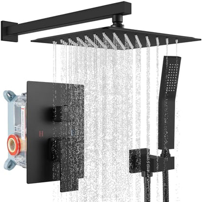 gotonovo Rainfall Bathroom Shower System Rain Shower Head and Handle Set Wall Mounted Shower Complete Combo Solid Brass Pressure Balancing Shower Mixer Valve 10 Inch Matte Black - color: Matte Black, size: 10 Inch
