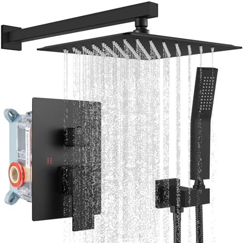 gotonovo Rainfall Bathroom Shower System Rain Shower Head and Handle Set Wall Mounted Shower Complete Combo Solid Brass Pressure Balancing Shower Mixer Valve 10 Inch Matte Black - color: Matte Black, size: 10 Inch