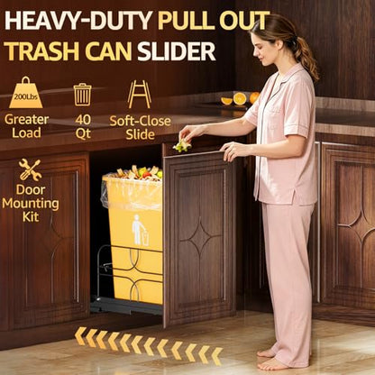 Pull Out Trash Can Under Cabinet, Soft Close Heavy Duty 200LB, Black | Under Sink Trash Can Organizer, Full Extension Slides, Fits 12 W x 17 D Cabinet Opening, Kitchen Cabinet, Can Not Included - color: Black, size: Single