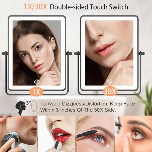 FASCINATE 8.7" 5000mAh Rechargeable Wall Mounted Makeup Mirror (Black) | Double Sided Touch Switch 1X 30X Rectangle Magnifying Mirror with Light, 3 Color Setting, Extended Arm 360° Swivel Foldable - color: Black a