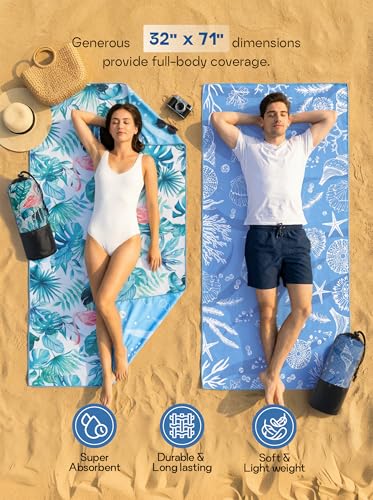 Utopia Towels Thin Microfiber Beach Towel with Travel Bag, 32x71 in (Flamingo) - color: Flamingo & Marine