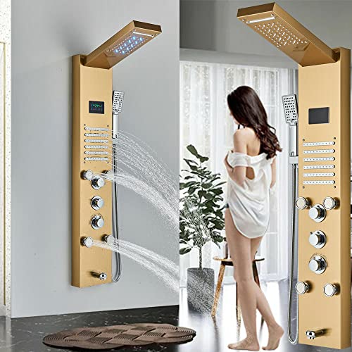 LED Rainproof and Waterfall Shower Panel Tower rain Massage System Body Jet Gold
