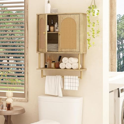 RUSTOWN Rattan Bathroom Wall Cabinet, Modern Boho Medicine Cabinets, Medium | 2 Arched Rattan Doors, Adjustable Shelf, Towel Bar Rack, Over The Toilet Storage Cabinet for Bathroom, Living Room, Kitchen - size: Medium