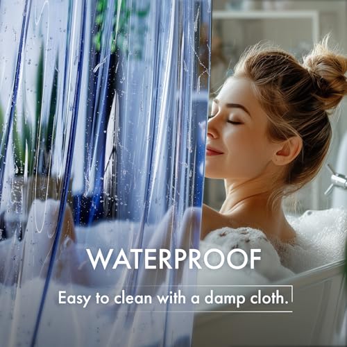 AmazerBath No Hook Shower Curtain and Liner 3-in-1, Luxury Heavy Duty Clear Blue No Hook Shower Liner, 72x75 100% EVA Hookless Shower Curtain with 3 Heavyweight Stones - color: Rainbow Oceanic