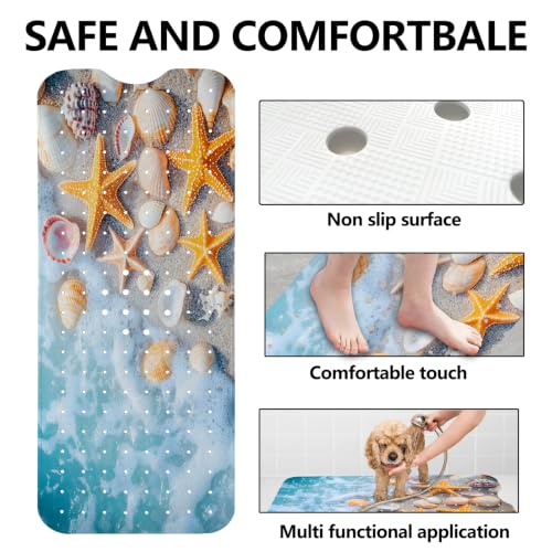 LNOND Summer Beach Bathtub Mat Non Slip, 40 X 16 Inch Tub Mat for Bathroom, Sea Beach Starfish Shell Bath Tub Shower Mat with Drain Holes and Suction Cups - color: Sea Starfish Shell Bathtub Mat