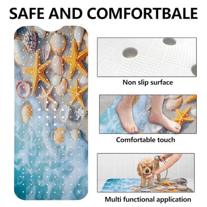 LNOND Summer Beach Bathtub Mat Non Slip, 40 X 16 Inch Tub Mat for Bathroom, Sea Beach Starfish Shell Bath Tub Shower Mat with Drain Holes and Suction Cups - color: Sea Starfish Shell Bathtub Mat