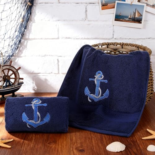 SmoothNovelty 2 Pcs Nautical Anchor Hand Towels Navy Blue Bathroom Decor 14x29 Inch Embroidered 100% Cotton Soft Absorbent Spring Summer Decorative Hand Towels for Bathroom Kitchen - style: Nautical Anchor