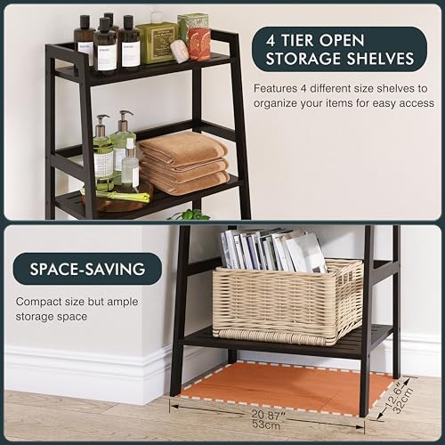 HITNET Black Bookshelf, 4-Tier Ladder Shelf, Freestanding Leaning Bookcase with Bamboo Shelves, Space Saving Flower Plant Stand for Small Space - color: Black