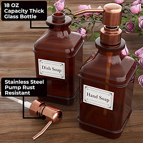 GLADPURE Soap Dispenser 2 Pack, Hand Soap Dispensers with 18 Oz Antique Design Thick Amber Glass Bottle, 316 Rust Proof Stainless Steel Pump, 6Pcs Stickers, for Lotion, Soap - Brushed Copper - color: Brushed Copper
