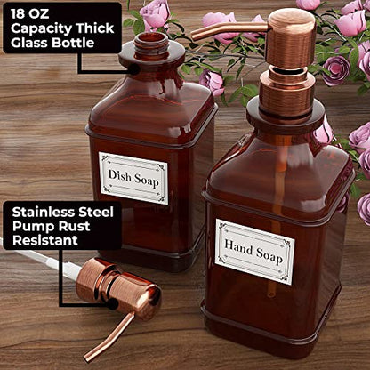 GLADPURE Soap Dispenser 2 Pack, Hand Soap Dispensers with 18 Oz Antique Design Thick Amber Glass Bottle, 316 Rust Proof Stainless Steel Pump, 6Pcs Stickers, for Lotion, Soap - Brushed Copper - color: Brushed Copper