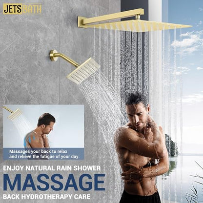16" Thermostatic Dual Rainfall Head Shower System with Handheld & Valve, 16-Inch Shower Faucet Set with 6-Inch Shower Head, JetsBath Brushed Gold Full Body Shower System for Couples/2-Person