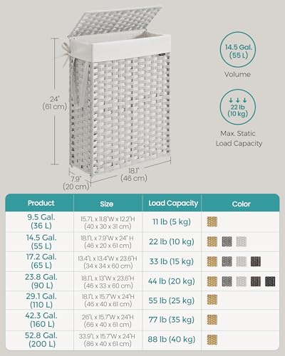 SONGMICS Slim Laundry Hamper with Lid, 14.5 Gallon (55L) Rattan Clothes Laundry Basket with Lid and Handles, Foldable, Removable Liner, Cloud White ULCB164W01 - color: Cloud White, size: 55 L