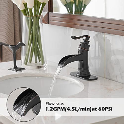 BWE Oil Rubbed Bronze Waterfall Bathroom Faucet, Solid Brass, 1.2 GPM | Waterfall Spout, Ceramic Cartridge, California-Compliant, Fits 1 or 3-Hole Sinks, Handware Included, Single Handle - color: Bronze