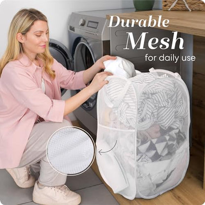 Handy Laundry Collapsible Mesh Pop Up Laundry Hamper 2-Pack, Wide Opening, Side Pocket, Space-Saving Foldable Basket for Clothes, Travel, Dorm, Kids Room, Breathable & Durable (White) - color: White, 2-PACK