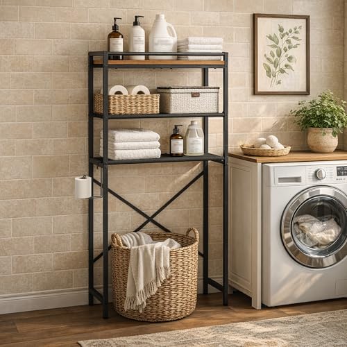 MAHANCRIS Over Toilet Storage, 3-Tier Bathroom Organizer Shelf with Toilet Paper Holder, Freestanding Space Saver Bathroom Shelves Above Toilet for Bathroom, Laundry Room, Rustic Brown TSHR1201 - color: Rustic Brown