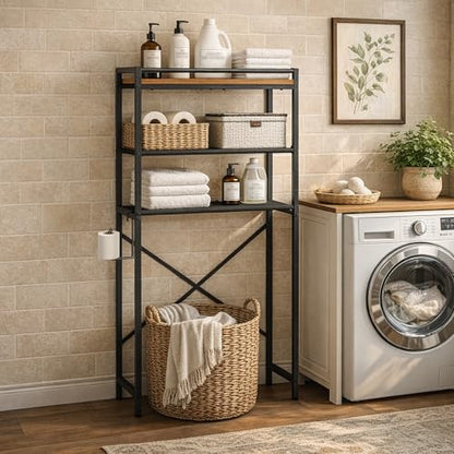 MAHANCRIS Over Toilet Storage, 3-Tier Bathroom Organizer Shelf with Toilet Paper Holder, Freestanding Space Saver Bathroom Shelves Above Toilet for Bathroom, Laundry Room, Rustic Brown TSHR1201 - color: Rustic Brown