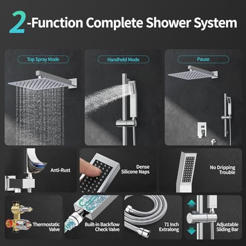 SR SUN RISE 12 Inch Slide Bar Shower System, Square Rain Shower Head and Handheld Spray, Wall Mounted Shower Faucets Sets Complete Included Valve and Shower Trim Kit, Polished Chrome | Rain Head and Handle System,16" Adjustable Shower Slide Bar,Soild Bras