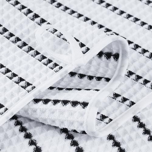 POLYTE 430 GSM Poly Blend Microfiber Quick Dry Waffle Hand Towel, 16x30 in | 4 Pack, Oversize, Lint Free, Quick Dry, Hanging Loop - color: White/Black