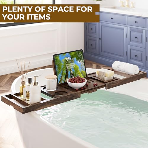 Venusmiles Teak Bathtub Tray Caddy, Foldable Bath Tray with Expandable Handles, Wine Glass and Phone Holders, Book Stand, for Home Spa Relaxation, Luxury Bathroom Accessories - Dark Walnut Color - color: Dark Walnut