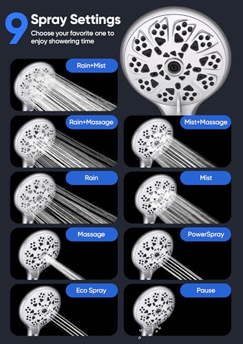 Shower Head with Handheld High Pressure, Rain Shower Head with Fixed Showerhead and 9 Sprays Handheld Shower, Detachable 2-IN-1 Shower head with 59" Rotatable Stainless Steel Hose (Chrome)