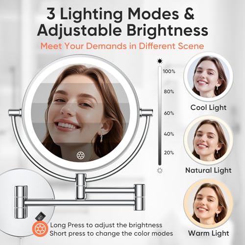 FUNTOUCH AC Plug in Powered 1X/30X Wall Mounted Makeup Mirror with Lights | Double Sided 1X/30X Magnifying,3 Color Lights,Touch Dimmable, Extended Arm 360 Rotation Lighted Bathroom Mirror Magnification - color: Chrome