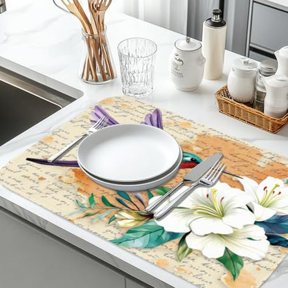 1pc Hummingbird Dish Drying Mat 23.6x17.7 Inch/60x45cm Lily Dishes Drainer Mat Microfiber Polyester Cotton Absorbent Draining Pad Heat Resistant Coffee Bar Counter Mat Foldable Hanging Loop - style: Hummingbird flower