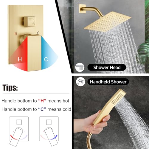 Midanya Shower Faucet Set with Handheld Sprayer,8 Inch,Brushed Gold | Rough-in Shower Valve and Trim Kit Included,Square Rain Head,Wall Mount Shower System,All Metal,Bathroom - color: Gold, size: 8 Inch