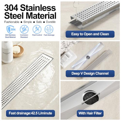 Neodrain 18" Linear Shower Drain, Brushed 304 SS Bathroom Linear Drain,cUPC | Brushed Nickel Shower Drain with Quadrato Grate& Adjustable Feet, Long Rectangle Shower Floor Drain in Bathroom, Balcony etc - color: Brushed Nickel, size: 18 In