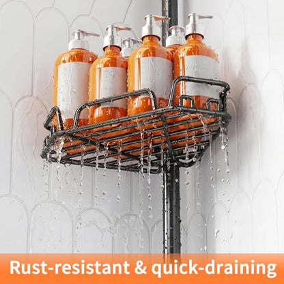 KEGII Corner Shower Caddy Tension Pole, Large Capacity Organizer, Black | Easy Installation with Towel Bar and Hooks, Adjustable 25-114.2 inch Rod for Shampoo, Bath Essentials and Family Bathrooms
